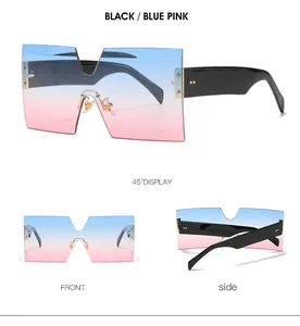 Detailed views of square oversized sunglasses with black frame and blue-pink gradient lenses