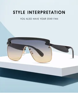 Detail of oversized shield sunglasses with blue to amber gradient lenses on a pedestal