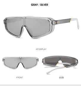 Vues détaillées de lunettes de soleil futuristes avec monture argentée et verres gris