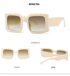 Detailed views of beige square sunglasses with tea gradient lenses from three angles