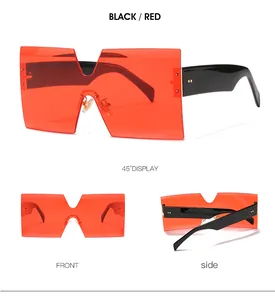 Three views of black square sunglasses with vibrant red lenses and thick frames