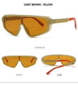 Détails macro de lunettes de soleil sport Y2K marron clair avec verres orange