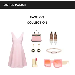 Flat lay of pink square frame sunglasses with matching fashion accessories and dress