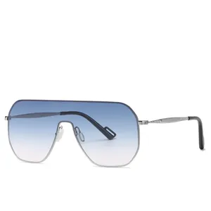 Frameless oversized wrap sunglasses with gradient blue lenses and silver metal temples