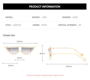 Size chart showing dimensions of cat-eye sunglasses with rhinestone details and measurements