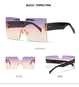 Oversized rimless square sunglasses with purple pink gradient lenses and V-shaped bridge