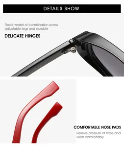 Détails des charnières robustes et plaquettes de nez pour lunettes de soleil noires