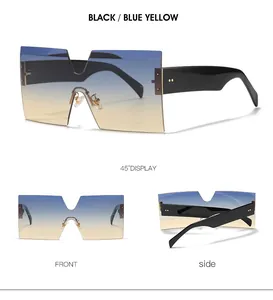 Detailed views of square oversized sunglasses with blue yellow gradient lenses and black frames