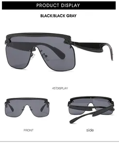 Multiple views of oversized square black sunglasses with integrated grey lenses and glossy frames
