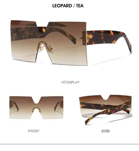Multiple views of oversized leopard print sunglasses with gradient tea lenses and rivets