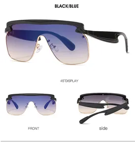 Detailed multi-angle views of oversized shield sunglasses with blue-purple gradient lenses