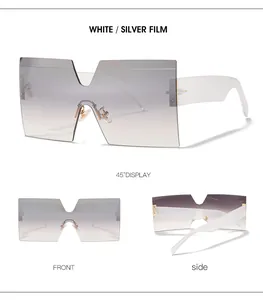 Detailed views of white square sunglasses with silver mirrored lenses and clear temples