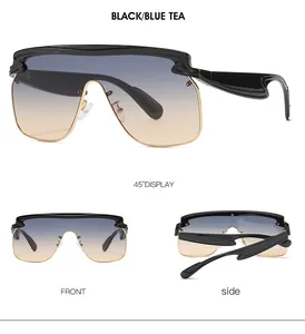 Multi-angle views of oversized fashion sunglasses with black and gold frame and gradient lenses