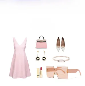Pink oversized square sunglasses styled with matching dress, handbag, and accessories