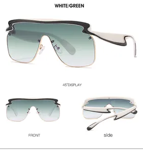 Detail view of large shield sunglasses with white frame and teal gradient lenses
