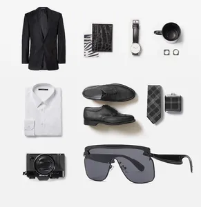 Flat lay of stylish black square sunglasses with business fashion accessories and attire