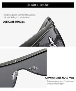 Close-up of durable metal hinges and comfortable transparent nose pads on large frame sunglasses
