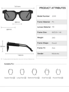Tableau des tailles et spécifications pour lunettes de soleil carrées irrégulières en PC