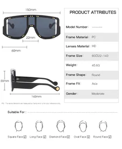 Detailed size chart for oversized shield sunglasses with rivet decor and dimensions