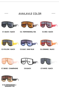 Grid display of nine color variants of oversized shield sunglasses with metal stud decor