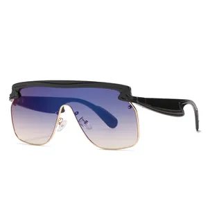 Modern oversized shield sunglasses with blue-yellow gradient lenses and black gold frame