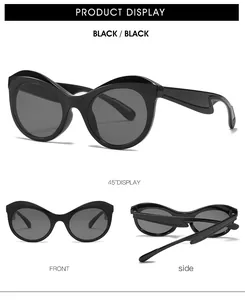 Vues détaillées de lunettes de soleil œil-de-chat noires avec branches ondulées