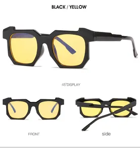 Trois vues de lunettes de soleil géométriques noires avec verres jaunes et détails nets