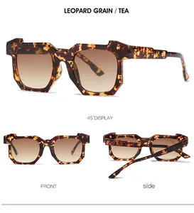 Détail de lunettes de soleil géométriques léopard avec verres dégradés marron sous trois angles
