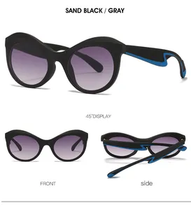 Vues détaillées des lunettes œil de chat noir sablé avec verres dégradés violets et motifs