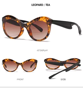 Trois vues de lunettes de soleil œil de chat léopard avec verres thé et branches ondulées