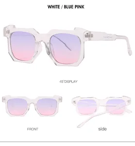 Vue détaillée des lunettes de soleil irrégulières blanches avec verres dégradés bleu-rose