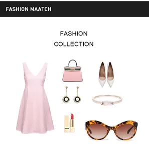 Collage mode avec lunettes de soleil œil de chat léopard, robe rose et sac assorti