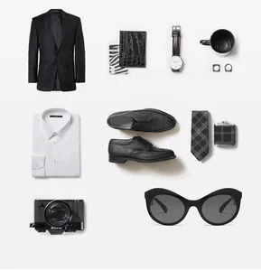 Vue à plat de lunettes de soleil noires avec costume d'homme et accessoires de mode