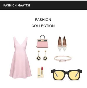 Collection de mode avec robe rose, sac style Kelly et lunettes à verres jaunes