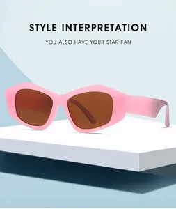Dettaglio di occhiali da sole cat-eye rosa con lenti marroni su display moderno
