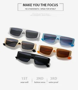 Close-up of rectangular metal sunglasses in multiple colors showing industrial style