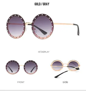 Detailansichten der Vintage runden randlosen Sonnenbrille mit Strass und lila Verlaufsglas