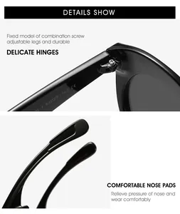 Détails de lunettes de soleil ovales avec charnières en métal et plaquettes de nez