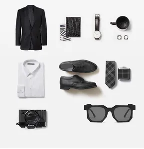 Vue à plat de lunettes de soleil géométriques noires avec costume d'affaires et appareil