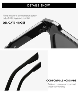 Détails des charnières robustes et des plaquettes de nez sur les lunettes de soleil noires
