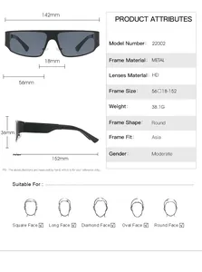 Size chart showing 142mm frame width and HD lens specifications for metal sunglasses