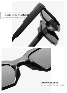 Gros plan sur la monture noire épaisse et les charnières de lunettes de soleil tendance