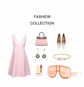 Flat lay of oversized pink sunglasses paired with a checkered V-neck dress and leather bag