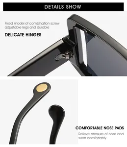 Detail show of durable metal screw hinges and integrated nose pads on large black sunglasses