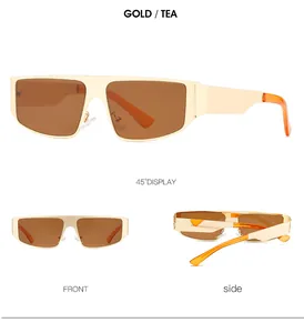 Multiple views of gold metal rectangle sunglasses with tea lenses and modern frames