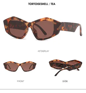 Tre viste di occhiali da sole cat-eye retrò tartarugati con lenti color tè e aste larghe