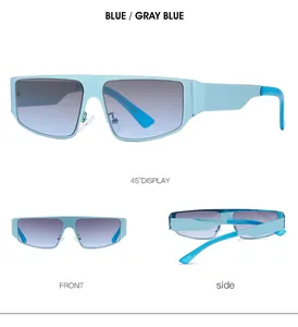 Three-angle views of blue matte metal frame sunglasses with gray gradient lenses