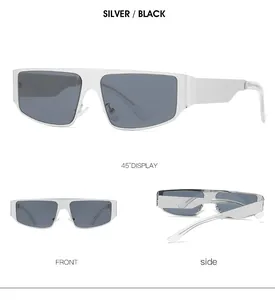 Detailed views of silver metal frame sunglasses showing front, side and 45-degree angle