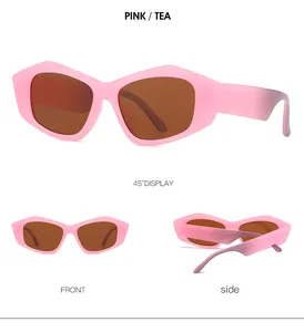 Vista multi-angolo di occhiali da sole cat-eye rosa con lenti tè in vista frontale e laterale