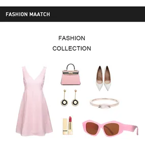 Flat lay di vestito a pieghe rosa, borsa, tacchi alti, rossetto e occhiali da sole occhio di gatto